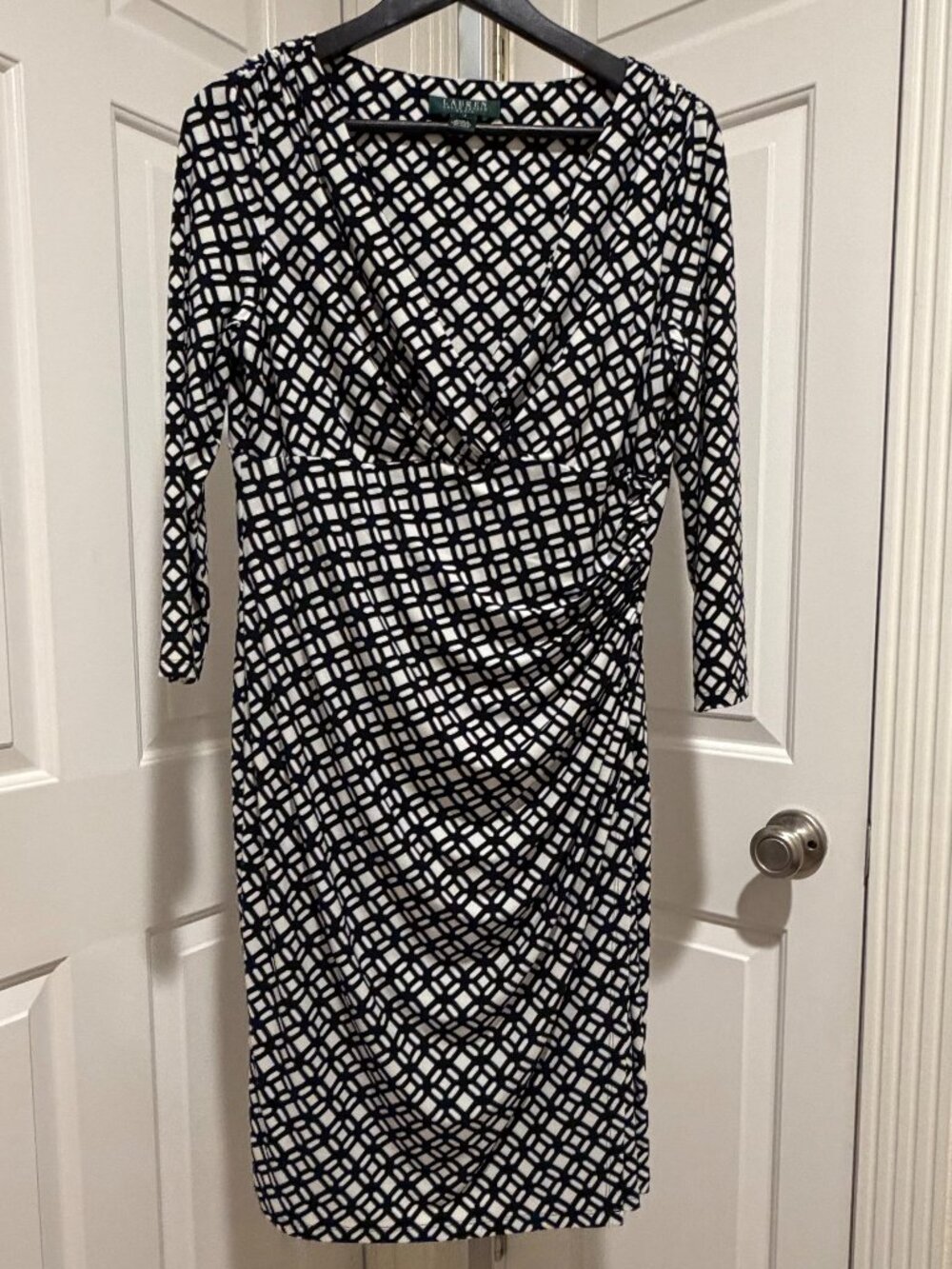 Lauren Ralph Lauren Navy and White Geometric Patterned Faux Wrap Dress Size 12